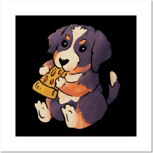 Cute Bernese Mountain Dog Puppy Eating Pizza Posters and Art